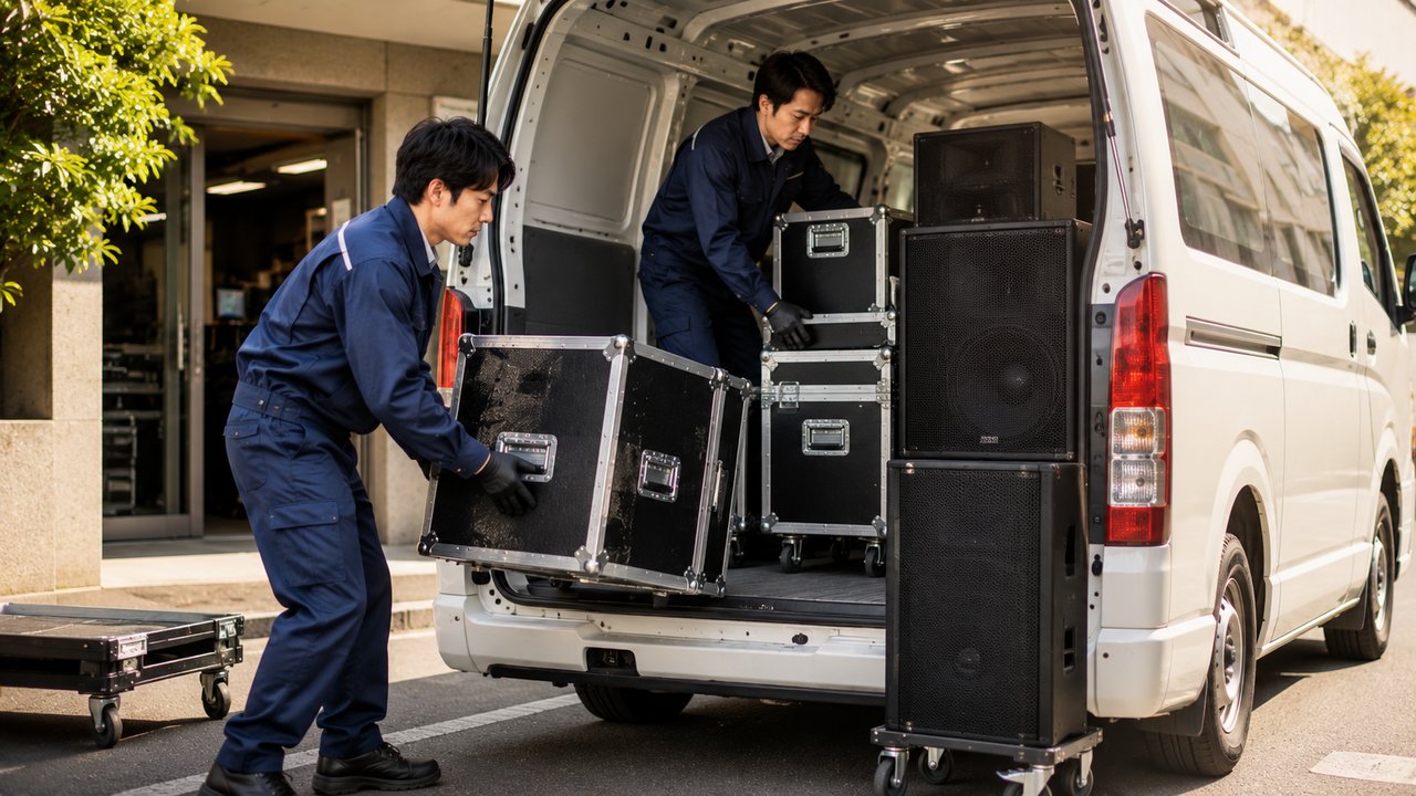 フライトケース入りのPA機材を社用バンに積み込む様子