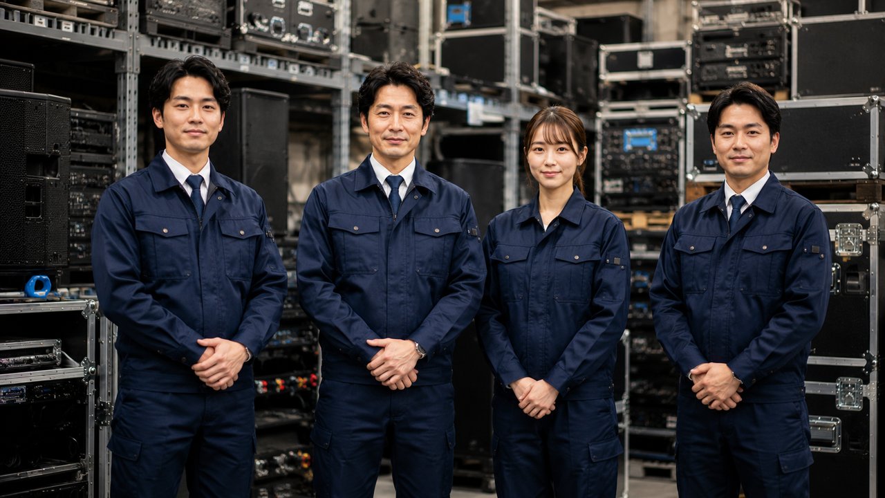 整然と機材が並ぶ倉庫前に立つ専門スタッフ