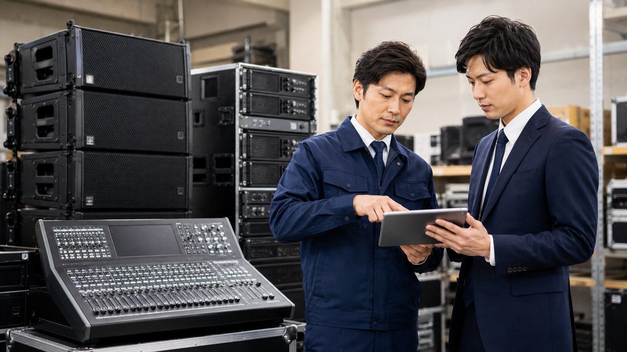 整然と並んだPA機器（ラインアレイ・デジタルミキサー）と、タブレットで査定するスタッフ